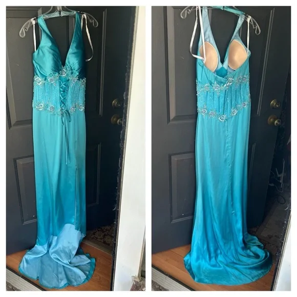 Turquoise Blue Silk Corset Halter Evening Prom Gown - Picture 3 of 16